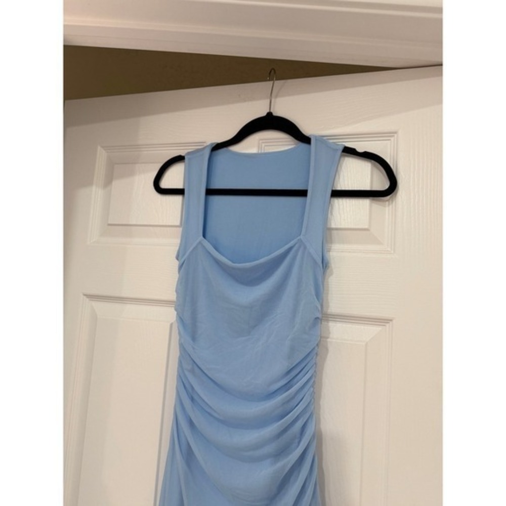 Light Blue Ruched Ruffle Asymmetrical Maxi Dress Sleeveless Square Neck Small - Picture 4 of 7